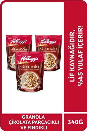 Kellogg's Çikolata Parçacıklı&Fındıklı Granola 340 Gr x3 Adet,%44 Yulaf içerir,Lif Kaynağı