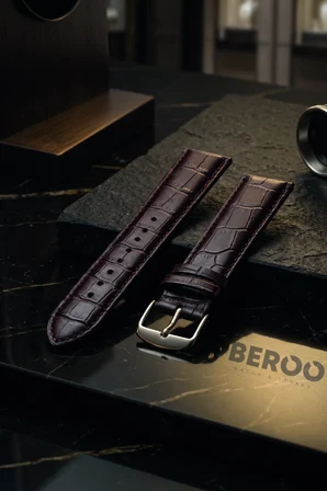 BEROO 22mm Premium Hakiki Deri Saat Kordonu | Klasik Timsah Desen Deri Saat Kayışı | Paslanmaz Çelik Tokalı - Kahverengi