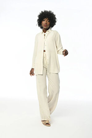 KADIN OVERSİZE KESİM ÇİZGİLİ NATUR RENK GÖMLEK