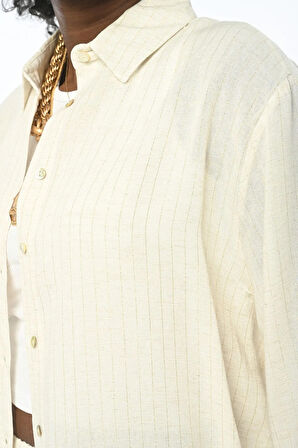 KADIN OVERSİZE KESİM ÇİZGİLİ NATUR RENK GÖMLEK