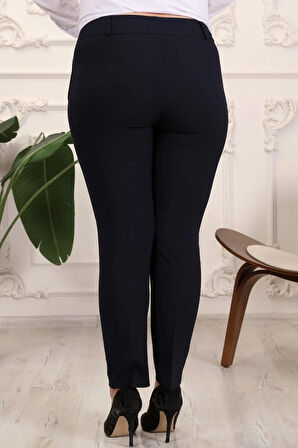 Kadın Lacivert Büyük Beden Kemerli Kumaş Pantolon