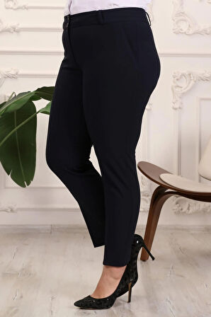 Kadın Lacivert Büyük Beden Kemerli Kumaş Pantolon
