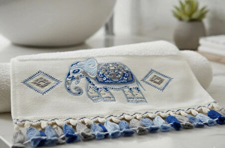Mavi Fil Nakışlı El Yüz Havlusu 50x90 (100% Pamuk)