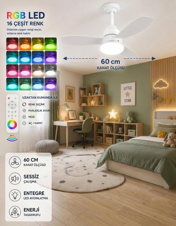 German New White Super Fan 60 CM Kalın Kanat Dim Ayarlı Tavan Vantilatörü RGB Led 16 Renk Sessiz Sinek Kovar