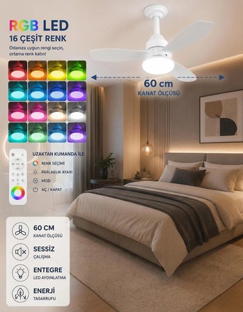 German New White Super Fan 60 CM Kalın Kanat Dim Ayarlı Tavan Vantilatörü RGB Led 16 Renk Sessiz Sinek Kovar