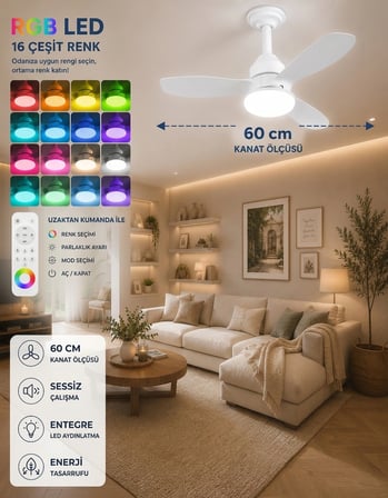 German New White Super Fan 60 CM Kalın Kanat Dim Ayarlı Tavan Vantilatörü RGB Led 16 Renk Sessiz Sinek Kovar