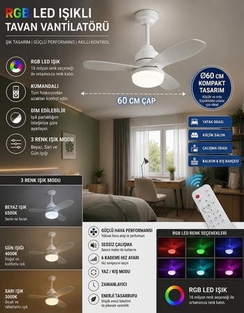 German New White Super Fan 60 CM Kalın Kanat Dim Ayarlı Tavan Vantilatörü RGB Led 16 Renk Sessiz Sinek Kovar