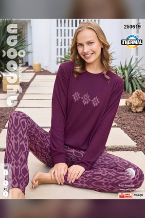 Aydoğan Kadın Asya Etnik Desenli Mürdüm Termal Pijama Takımı 250619