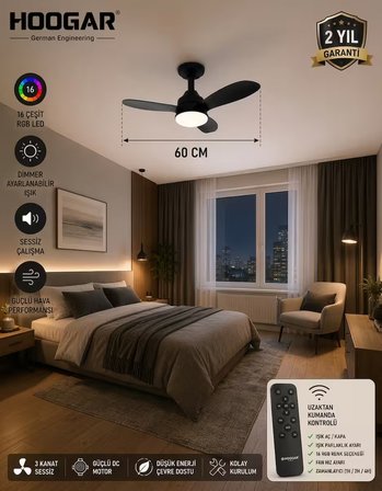 German New Black Super Fan 60 CM Kalın Kanat Dim Ayarlı Tavan Vantilatörü RGB Led 16 Renk Sessiz Sinek Kovar