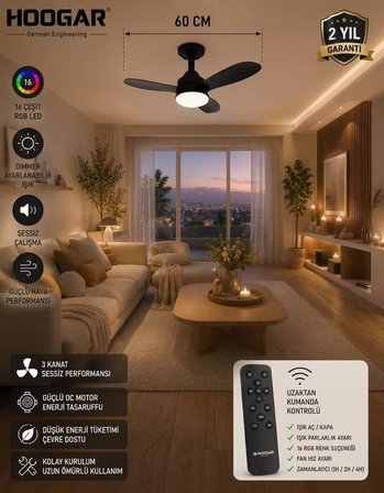 German New Black Super Fan 60 CM Kalın Kanat Dim Ayarlı Tavan Vantilatörü RGB Led 16 Renk Sessiz Sinek Kovar