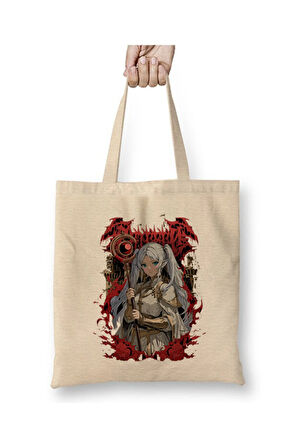Frieren Heavy Metal Beyaz Bez Çanta Uzun Saplı Alışveriş Çantası Plaj Çantası