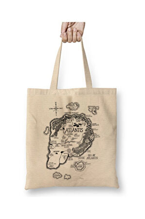 Kayıp Uygarlık Atlantis Haritası Beyaz Bez Çanta Uzun Saplı Alışveriş Çantası Plaj Çantası