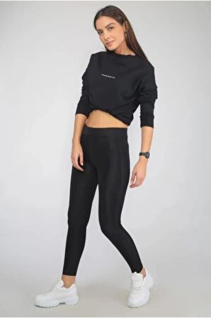 Kadın Gri Parlak Yüksek Bel Toparlayıcı Disko Tayt