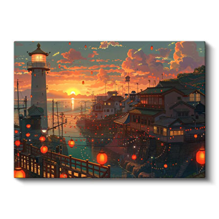 Liman Şehri - Turuncu Fenerler Anime Kanvas Tablo