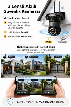 AR-113W 3 Kameralı 15MP Ultra Hd Wifi Güvenlik Kamerası Ptz 360° Hareketli Çift Yönlü Ses Gece Görüşlü Akıllı Ip Kamera