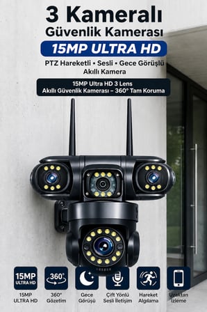 AR-113W 3 Kameralı 15MP Ultra Hd Wifi Güvenlik Kamerası Ptz 360° Hareketli Çift Yönlü Ses Gece Görüşlü Akıllı Ip Kamera