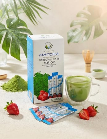 Matcha Spirulina Çehri Yeşil Çay Bromelain İçeren Çilek Aromalı Detox Burner Form Maça Çayı 20'li 1 Kutu