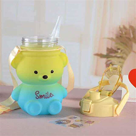 Ayıcık Motivasyon Renkli Akrilik Matara Suluk sticker  Pipetli