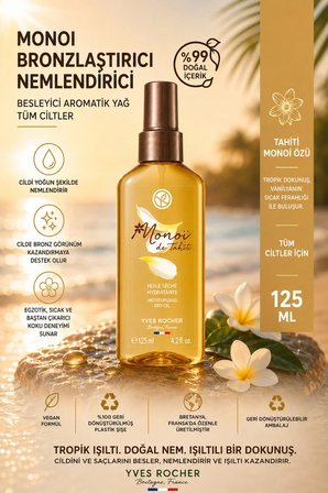 Monoi de Tahiti Saf Özlü Bronzlaştırıcı Nemlendirici Aromatik Kuru Vücut Yağı - 125 ml