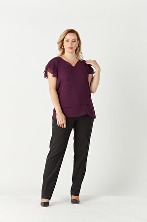 3249 Omuz Fırfırlı Şifon Büyük Beden Şık Bluz Mürdüm