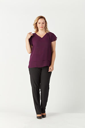 3249 Omuz Fırfırlı Şifon Büyük Beden Şık Bluz Mürdüm