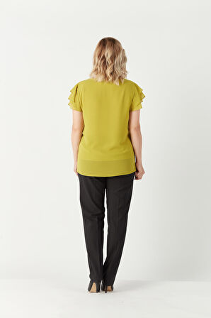 3249 Omuz Fırfırlı Şifon Büyük Beden Şık Bluz Yağyeşili