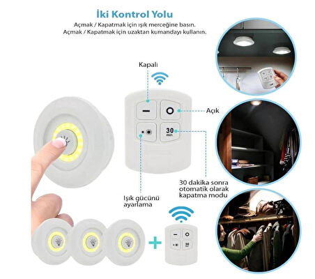 Kablosuz Uzaktan Kumandalı Dolap Içi Led Ampul Seti 3lü Set Gece Lambası [Enerji Sınıfı A+++]
