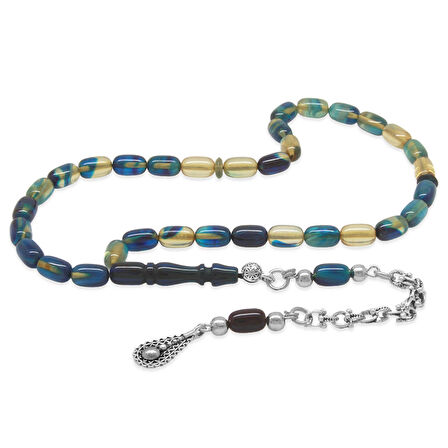 Kararmaz Metal Arnavut Püsküllü Kapsül Kesim Şeffaf Mavi-Beyaz Bilek Boy Ateş Kehribar Tesbih