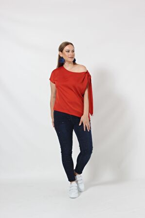 3250T Tek Omuz bağlama Detaylı şık bluz Tarçın