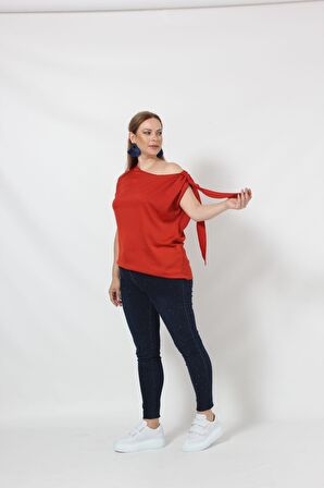 3250T Tek Omuz bağlama Detaylı şık bluz Tarçın