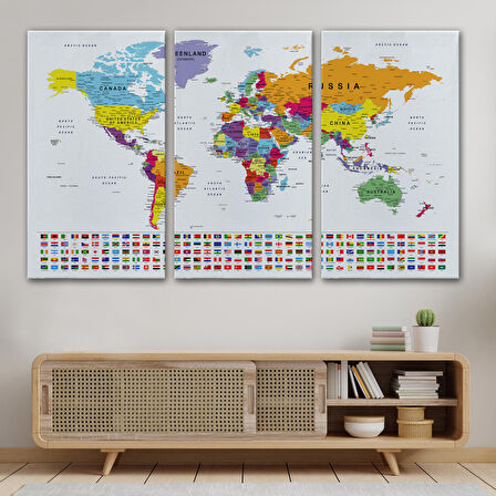 Harita Sepeti Dünya Haritası Son Derece Ayrıntılı Eğitici-Öğretici ve Bayraklı Dekoratif Tablo-3250