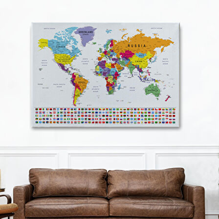 Harita Sepeti Dünya Haritası Son Derece Ayrıntılı Eğitici-Öğretici ve Bayraklı Dekoratif Tablo-3250