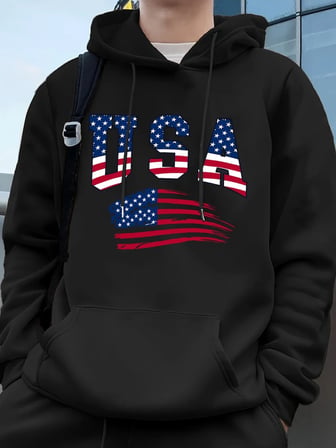 Abd Amerika Bayrağı Baskı Erkek Tişörtü Kış Polar Sıcak Kapüşonlular Temelleri Büyük Boy Cep
