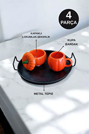 4 Parça Metal Tepsi Kabak Dekor Şekerlik Ve Kupa Bardak Seti