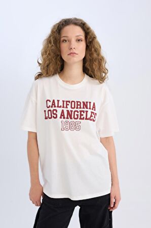 DeFacto Oversize Geniş Kalıp Bisiklet Yaka Baskılı Kısa Kollu Tişört D9608AX25SMWT32