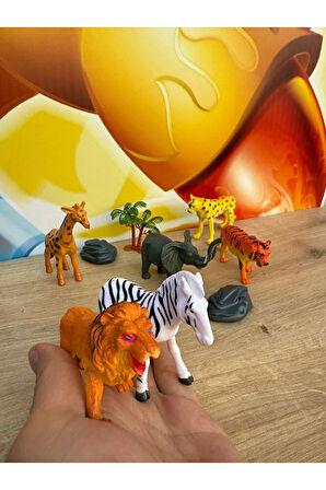 Vahşi Hayvanlar 6'lı Set Fil, Zürafa, Çita, Aslan, Zebra, Kaplan Oyuncak Hayvan 3 Adet Aksesuarlı