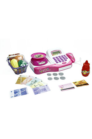 Terazili Sesli Işıklı Market Kasa Seti Yazar Kasa Aksesuarlı Oyuncak Sesli Işıklı Yazar Kasa