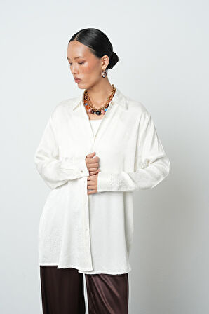 Kadın Ekru Renk Karışık Desenli Oversize Kesim Gömlek