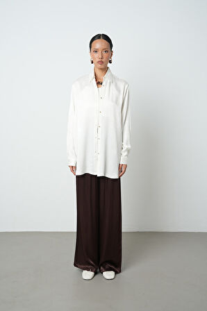 Kadın Ekru Renk Karışık Desenli Oversize Kesim Gömlek