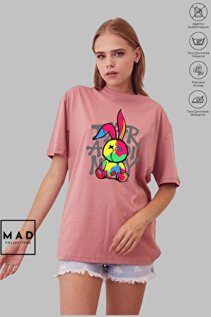 MAD COLLECTION Unisex Oversize Bisiklet Yaka Pamuk Dikişli Tavşan Baskılı Kısa Kollu Tişört