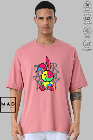 MAD COLLECTION Unisex Oversize Bisiklet Yaka Pamuk Dikişli Tavşan Baskılı Kısa Kollu Tişört