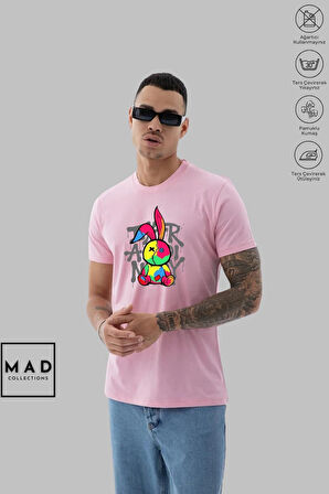 MAD COLLECTION Unisex Oversize Bisiklet Yaka Pamuk Dikişli Tavşan Baskılı Kısa Kollu Tişört
