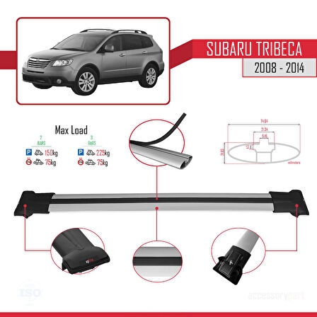 Subaru Tribeca 2008-2014 Arası ile Uyumlu FLY Model Ara Atkı Tavan Barı Gri 2 Adet