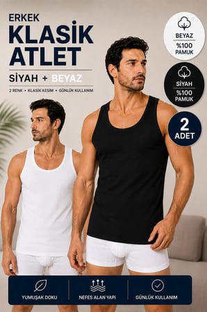 Erkek Penye Klasik Atlet 2’li Paket %100 Pamuk (Seher Yetkili Satıcısı)-Siyah Beyaz