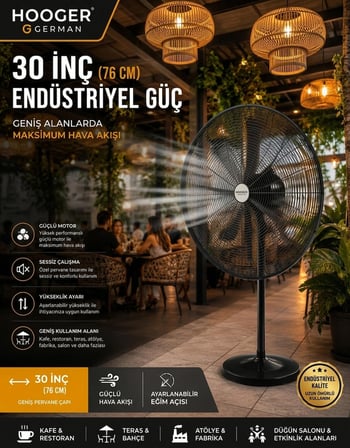Hooger 30 Inç 76 cm Endüstriyel Sanayi Tipi Professıonel Vantilatör 2 In 1 Ayaklı + Duvar Kullanımı Uzaktan Kumandalı