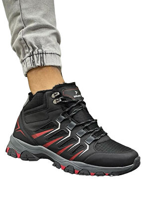 Erkek İçi Yünlü Fermuarlı Su İtici Trekking Outdoor Bot SİYAH-KIRMIZI