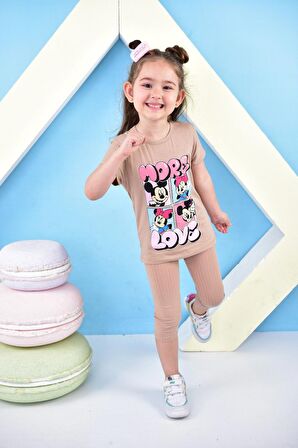 Kız Çocuk T-shirt Minie Mouse More Basklı Taytlı Takım