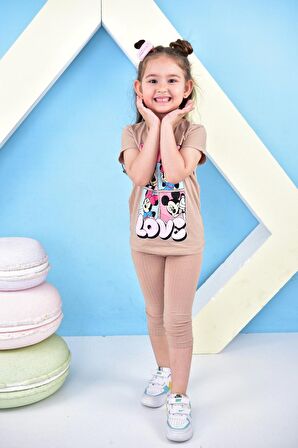 Kız Çocuk T-shirt Minie Mouse More Basklı Taytlı Takım