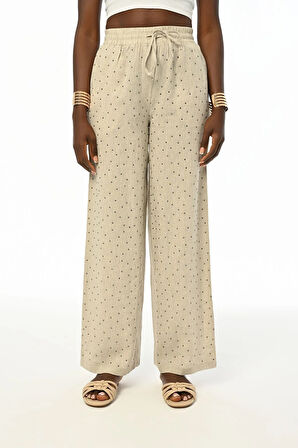 KADIN BELİ LASTİKLİ RAHAT KALIP BOL PAÇA YAPIŞTIRMA PANTOLON