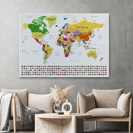 Harita Sepeti Dünya Haritası Son Derece Ayrıntılı Eğitici ve Bayraklı Dekoratif Kanvas Tablo 3256